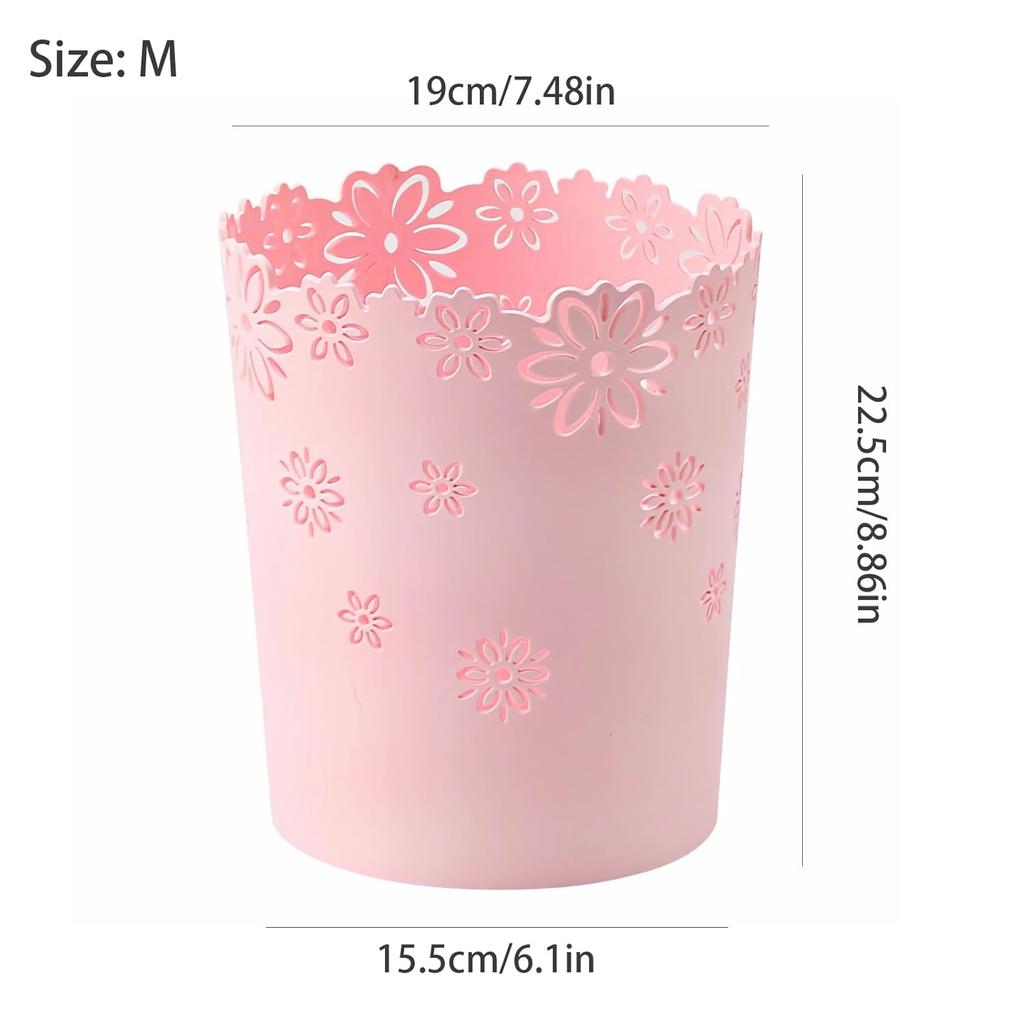 Mini Wastebasket 1.8 Gallons Small Pink Trash Can Room Decor Hollow Flower Shape Plastic Lidless Round Garbage Container Bin for Bathroom, Kitchen,