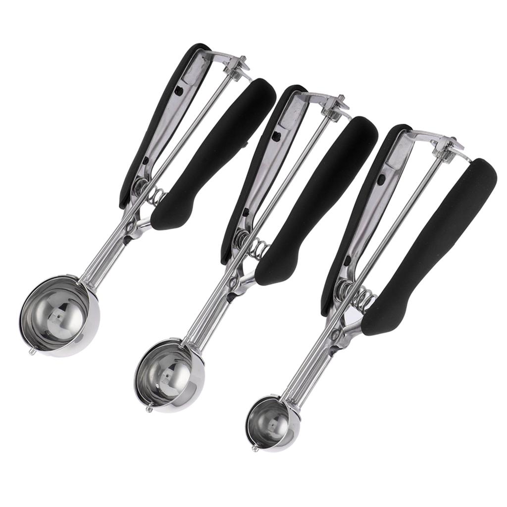 3PCS Ice Cream Scoop Cookies Scoop Set Stainless Steel Ice Cream Spoon Watermelon DiggerBlack