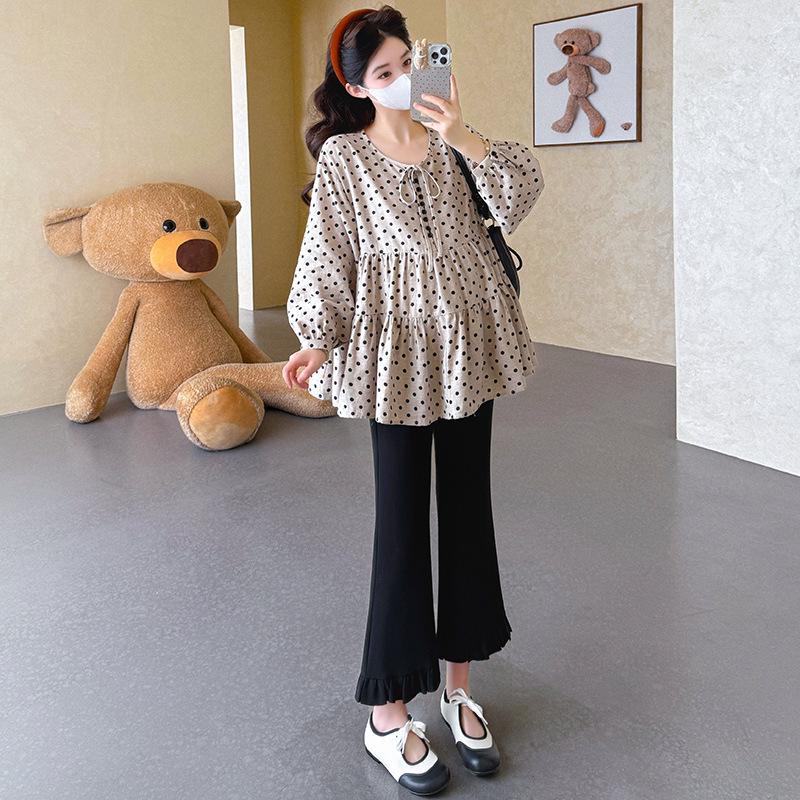 2026 Spring Polka Dot Maternity Top: Slimming Round Neck Doll Shirt M