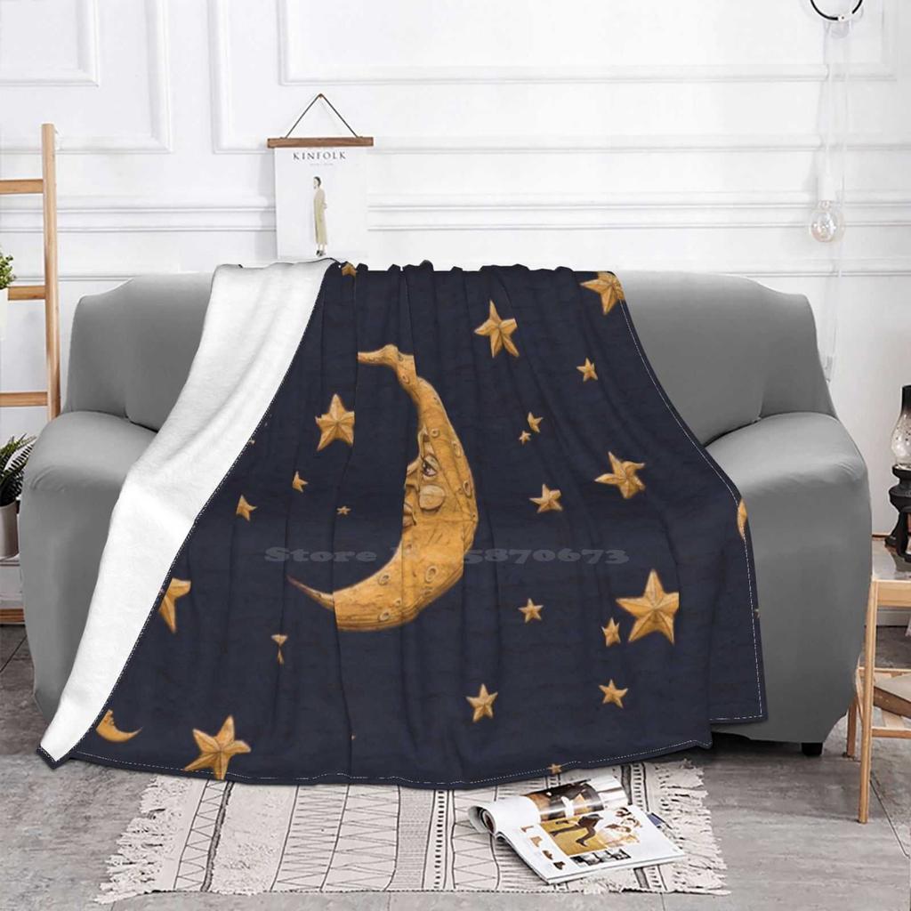 Vintage Gold Moon And Stars On Blue Hot Sale Printing High Qiality Warm Flannel Blanket Moon Stars Space Night Sky Magic Witch