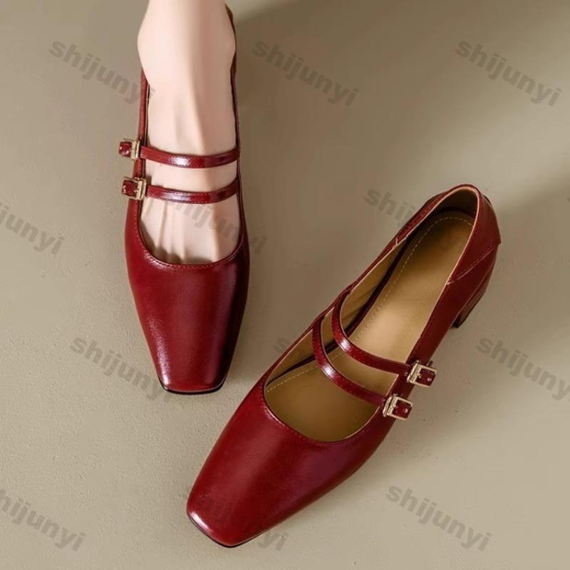 Women's Mary Jane Shoes 2025 Spring Autumn New Buckle Strap Luxury Leather Shoes Comfortable Square Toe Party Sexy Pumps