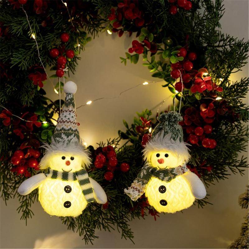 Pack of 2 Christmas Snowman Ornament with Knitted Hat and Scarve Decorative LED Lights Holiday Decoration Accessories