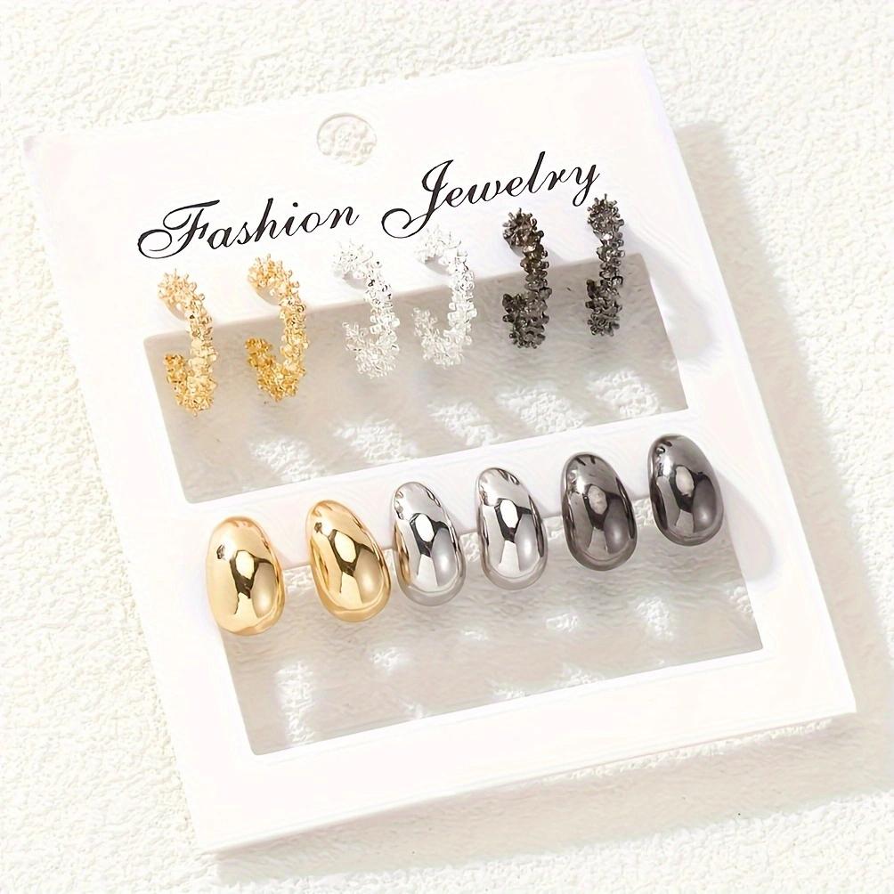 6 Pair Fashion Multi-color Geometric C-shaped Stud Earrings Retro Statement Water Drop Earrings Women's Trend Party Zircon Set