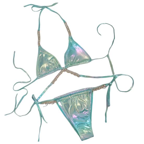 2 Pcs/Set Women Swimsuit Set Solid Color Rhinestone Decor Spaghetti Strap Tassel Halter Neck Backless