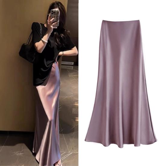 Women Fishtail Skirt High-Waisted Satin-Like Breathable Shiny Slimming Design Maxi Skirt Work Leisure Daily Wear