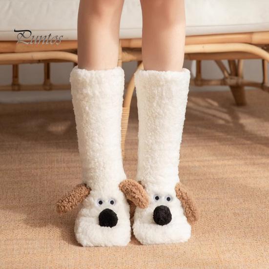 1 Pair Adult Winter Floor Socks Cartoon Dog Design Thickened Plush Double Warmth Anti-slip Long Socks Holiday Gift