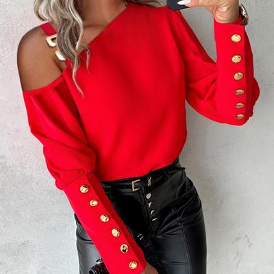 Damen Herbst und Winter Einfarbig Metallknöpfe Schräge Schulter Kragen Knopfleiste Hemd