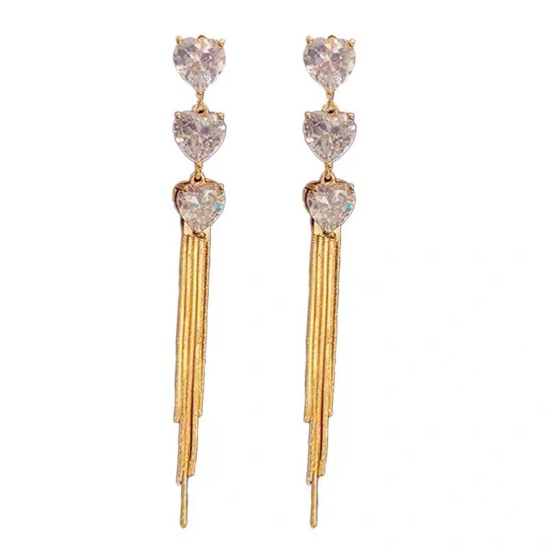 Light luxury, high-end sense, exquisite three zircon love fringed earrings, female temperament, fashionable and versatile, niche design earrings