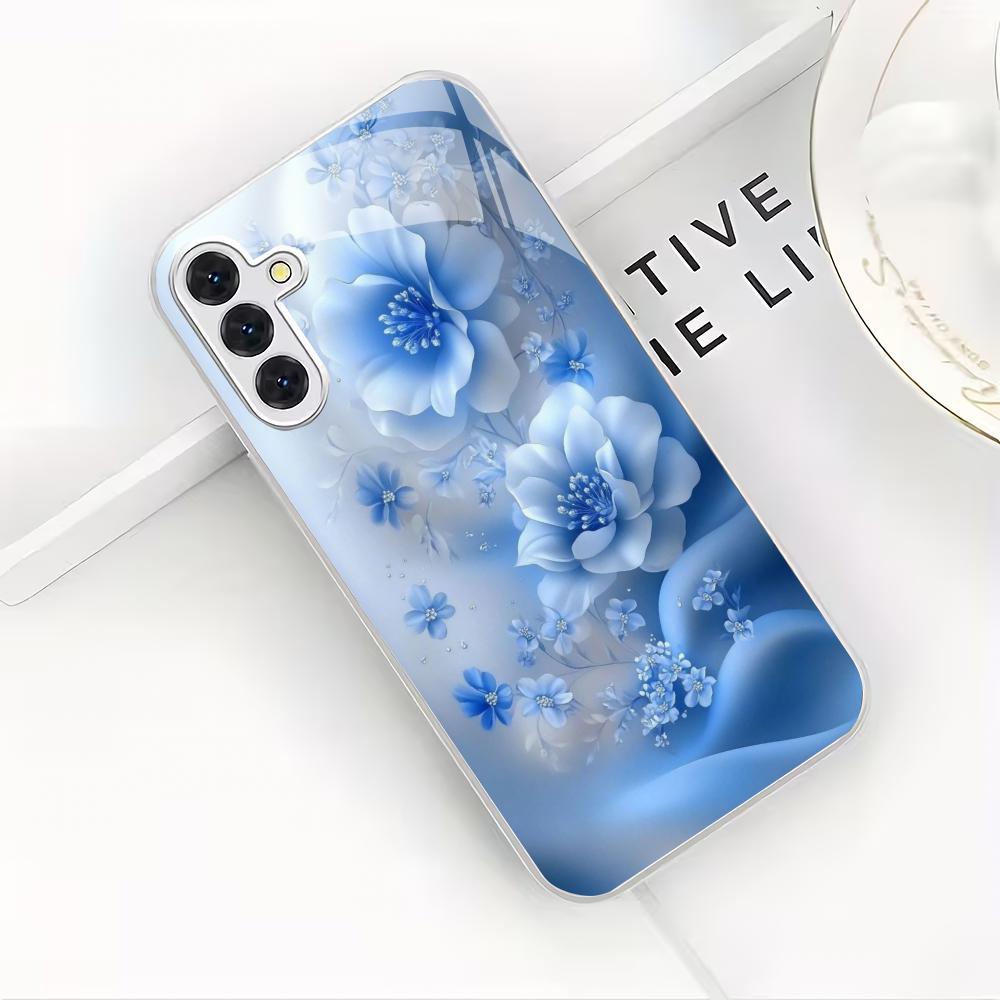 Blue flower electroplated glass phone case suitable for Samsung Galaxy S26 S25 S24 S23 S22 S20FE/Ultra/Plus anti drop back cover