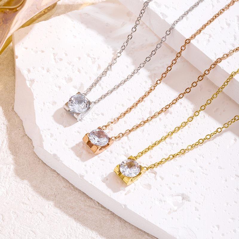 Elegant Gold Titanium Steel Zircon Pendant Necklace for Women - Simple, Shiny, No-Fade Clavicle Chain