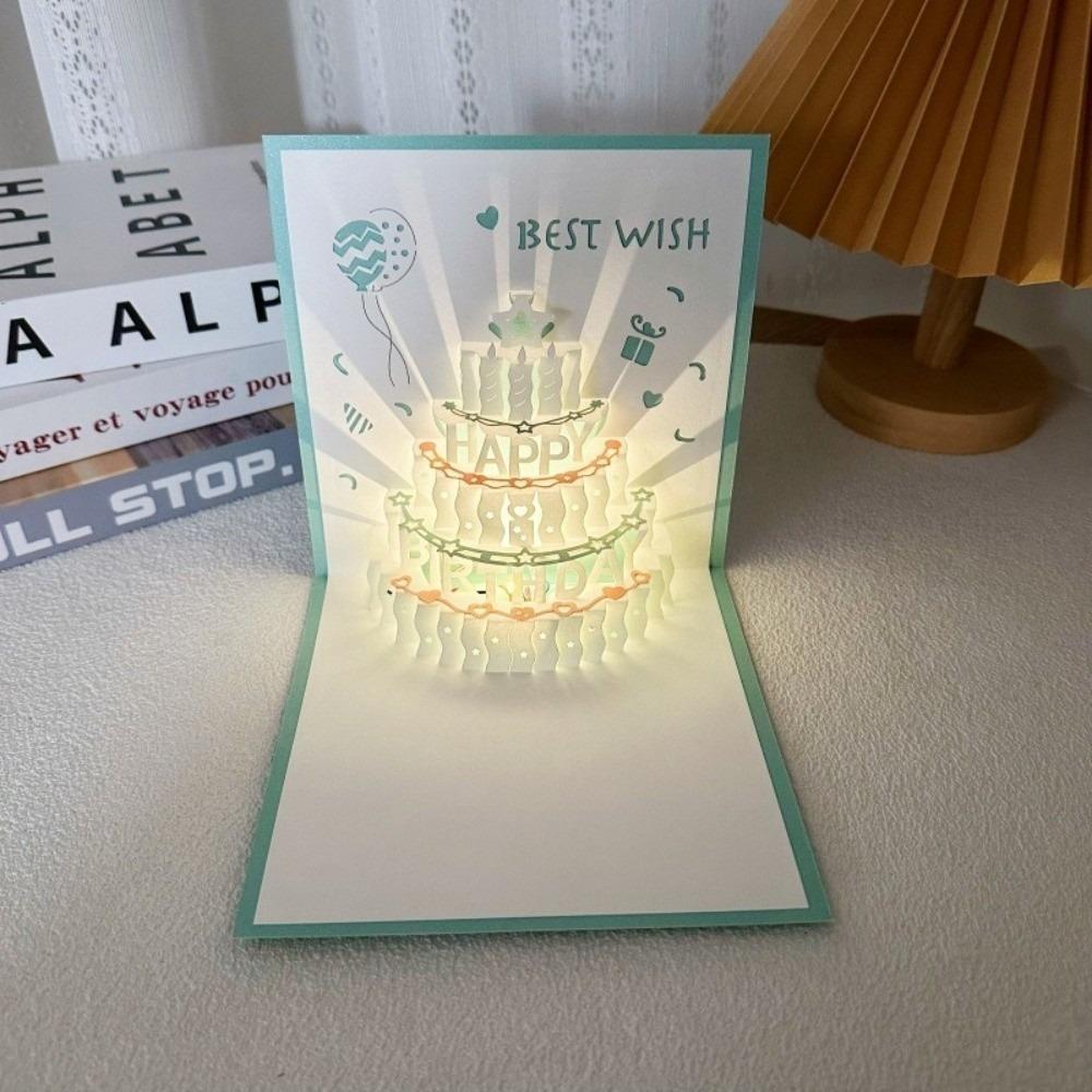 Creative Pop Up Musical Birthday Card Happy Birthday Paper 3D Birthday Cake Card Hollow Light Music Card Birthday Party