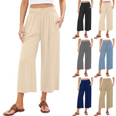 Leinenhosen für Damen Lässig Einfarbig Kordelzug Elastischer Bund Cropped-Hosen