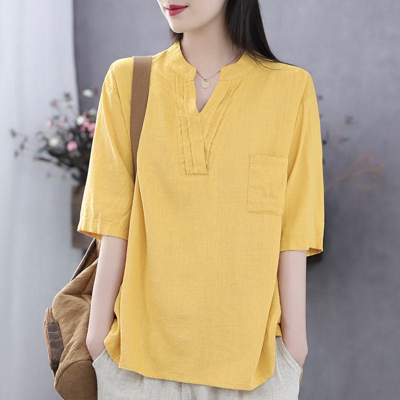 Literary and Retro Summer New V-neck Cotton and Linen Top Showing Thin Temperament Short-sleeved T-shirt Women's Loose and Casual