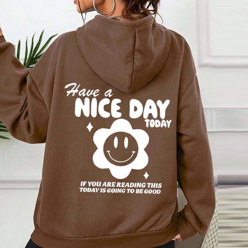 

Autumn Shoulder Sleeves Letter Fashion Printed Back Bag Collar Fleece Hooded Sweater Women S Clothing 5XL темно-коричневого