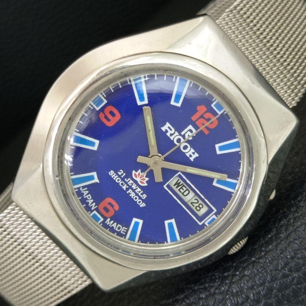 JAPAN VINTAGE RICOH R31 AUTOMATIC MENS BLUE COLOR DIAL WATCH a707734-1