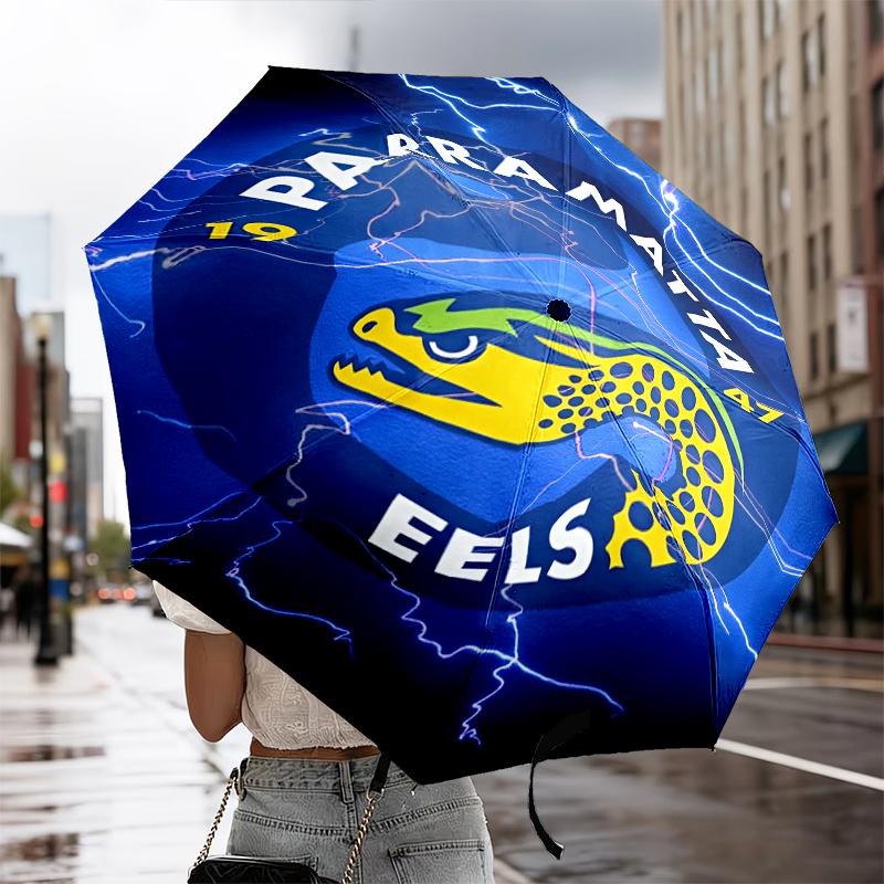 Parramatta Eels Team Crest Automatic Folding Umbrella - 8-Rib Travel Umbrella with Auto Portable Case, Ideal Gift for Birthdays