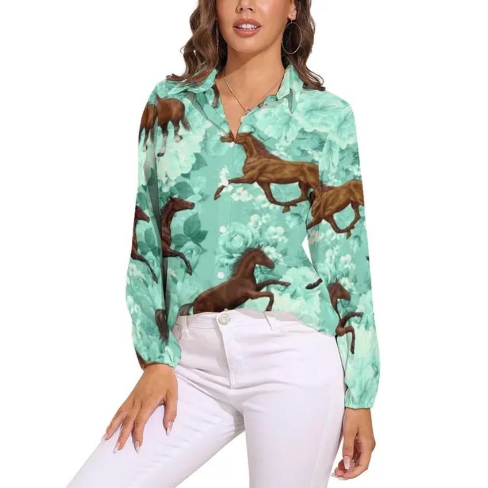 Camicia Colorata con Cavalli a Manica Lunga Camicie da Donna Cavalli Segreti Corse Camicie Vintage Top da Strada Femminili Primavera Estate