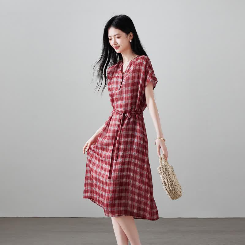 SOFSIL Women's Retro Plaid Ramie V-Neck Midi Dress
