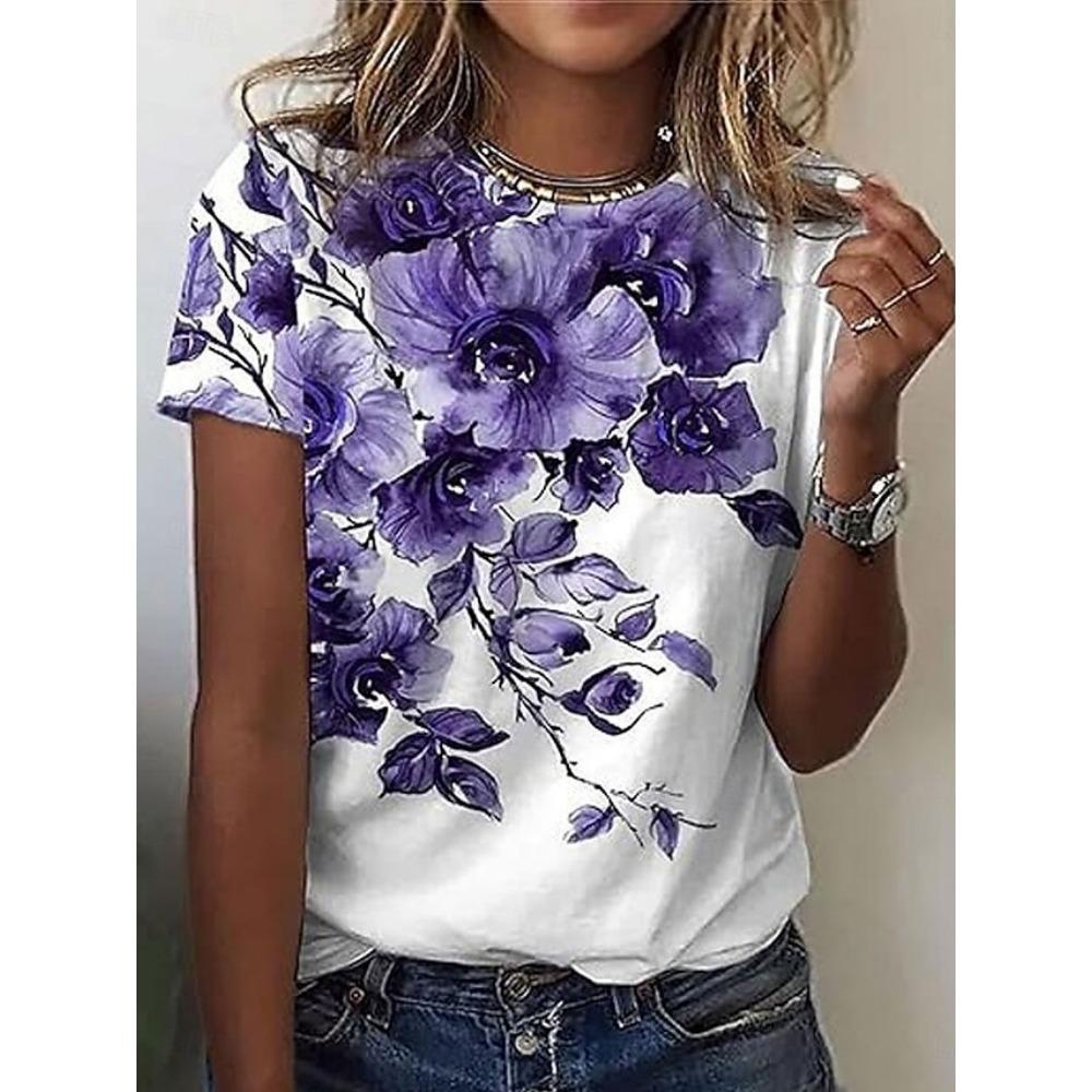 Women's 3D floral printed floral T-shirt, round neck short sleeved T-shirt, Harajuku Y2K streetwear, T-shirt, women's clothing
