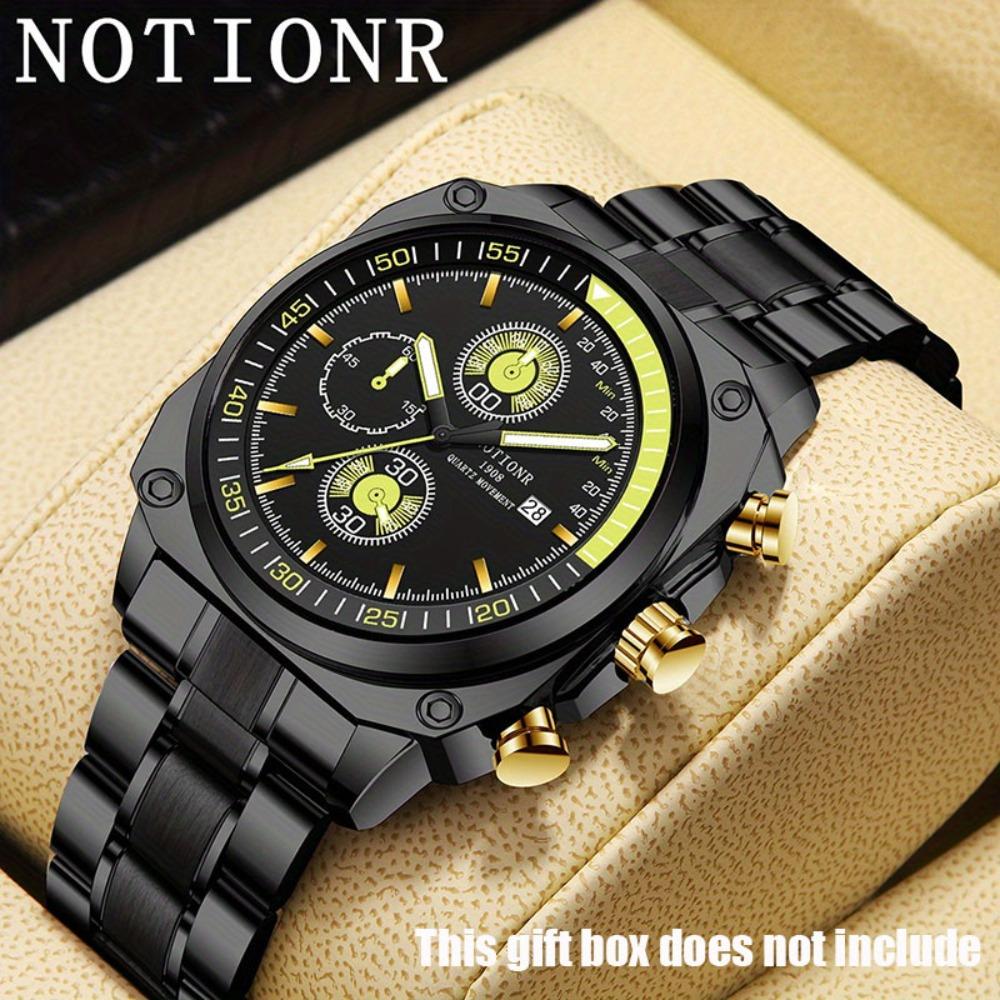 

NOTIONR Business Men s Fashion Black & Red Dial Quartz Calendar Watches, Luxury Mens Black Stainless Steel Sports Wrist Watch
