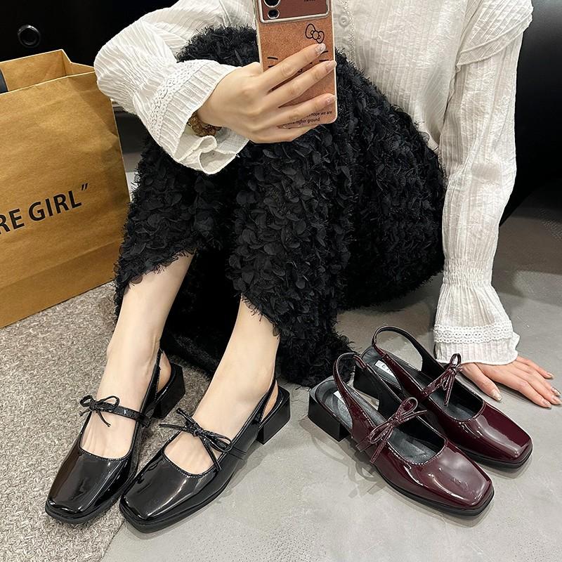 Sommer Damen Schwarz Rot Bootsschuhe Quadratische Zehenpartie Slipper Niedriger Absatz Schuhe für Frau Ballerinas Bequem Schleife Damen Sandalen