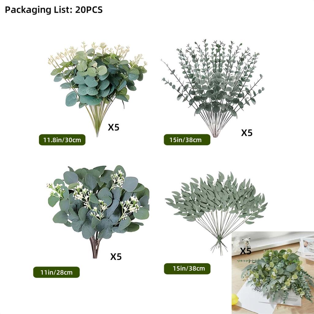 20/40/60pcs Mix Eucalyptus Leaves Stems Bulk Artificial Eucalyptus Leaves Artificial Green Plant Set for Wedding Home Gift Decor