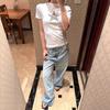 American pentagram leopard print front shoulder short-sleeved t-shirt women's summer new Spice Girl slim-fit versatile top