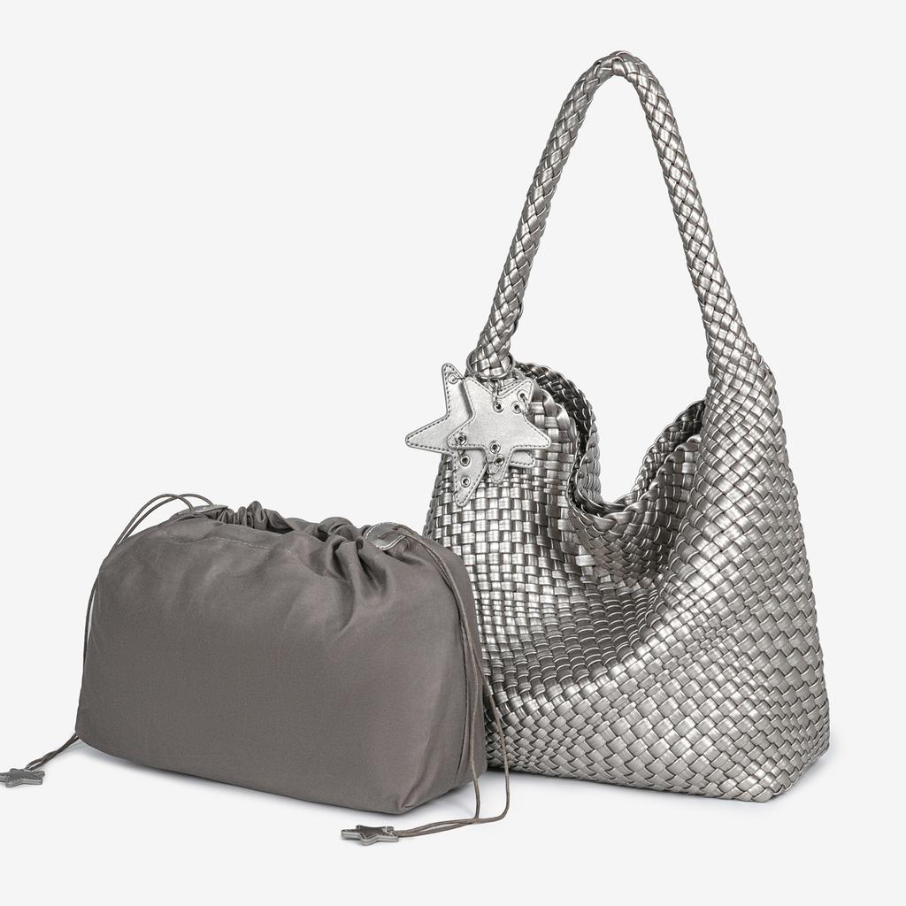 2025 New Champagne Color Woven Tote Bag for Women, Large Capacity Fashion Casual Bag, Commuting Handbag, Shoulder Bag, Wholesale