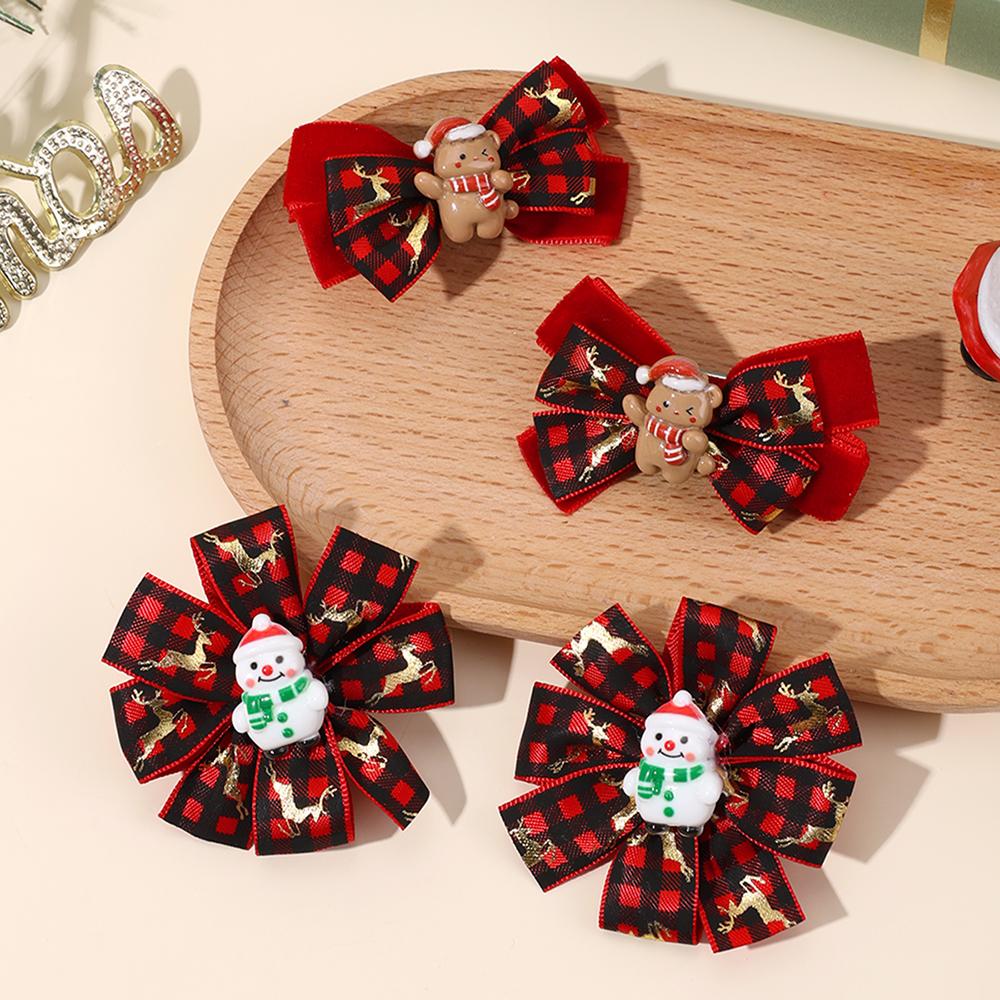 4Pcs New Christmas Flower Hair Clips Cartoon Snowman Plaid Bow Hairpins For Girls Children New Year Headwear Accessories Gift