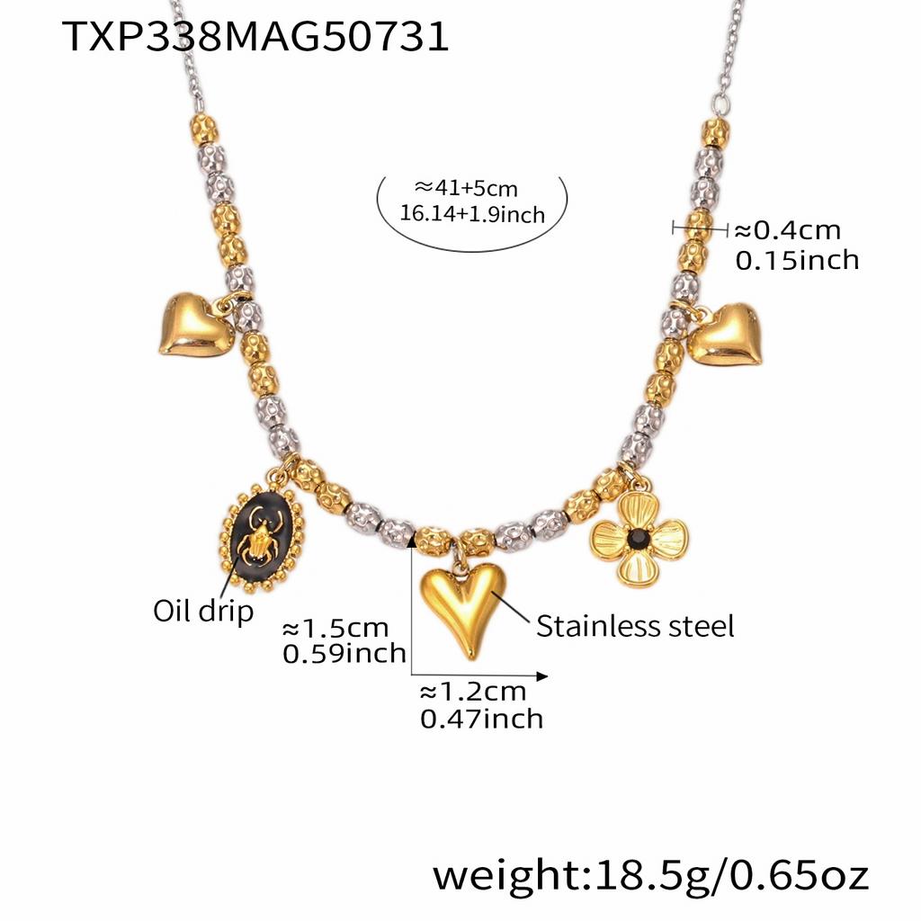 Heart And Flower Charms Necklace Bracelet In Stainless Steel 18k Gold Plated Beaded Necklaces Bracelets Jewelry Set For Women