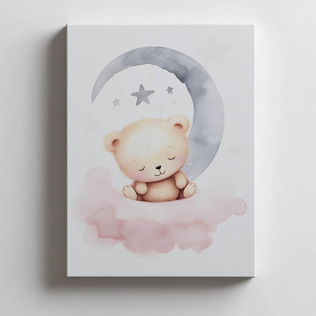 Śpiący Miś Na Różowej Chmurce Śpiący Miś Na Różowej Chmurce, 50X70 Cm, Rama Drewniana Ciemny Brąz, Papier Matowy 230 Gsm