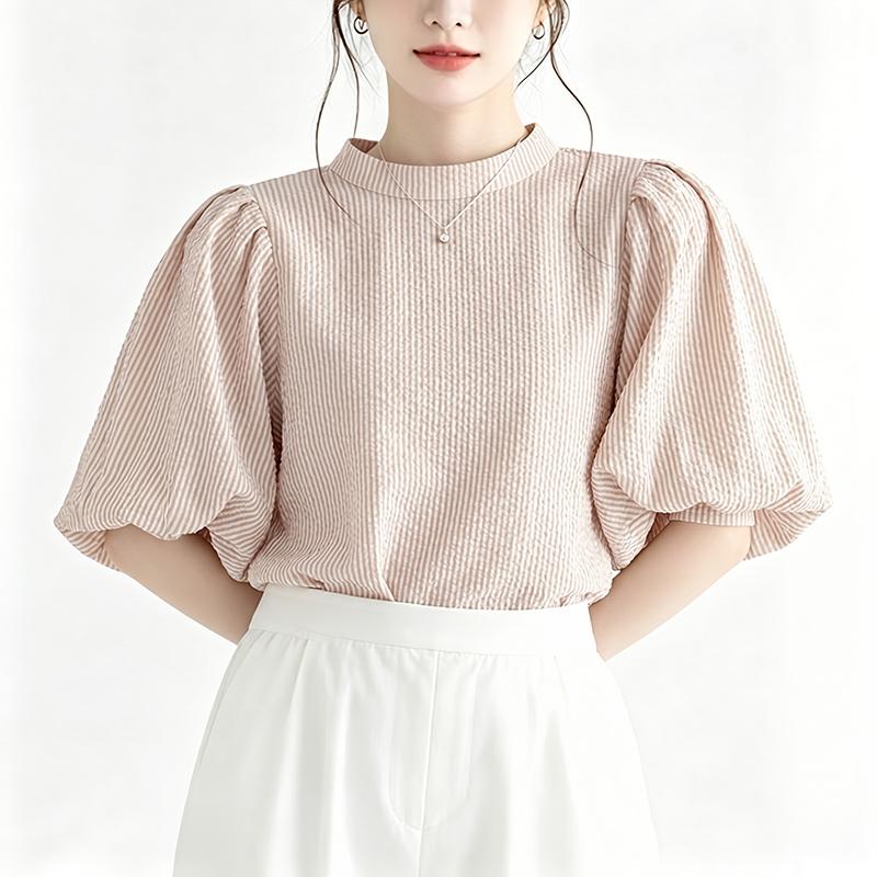 ZANZEA Women Casual Stand Collar Loose Half Sleeve Stripe Blouse M хаки