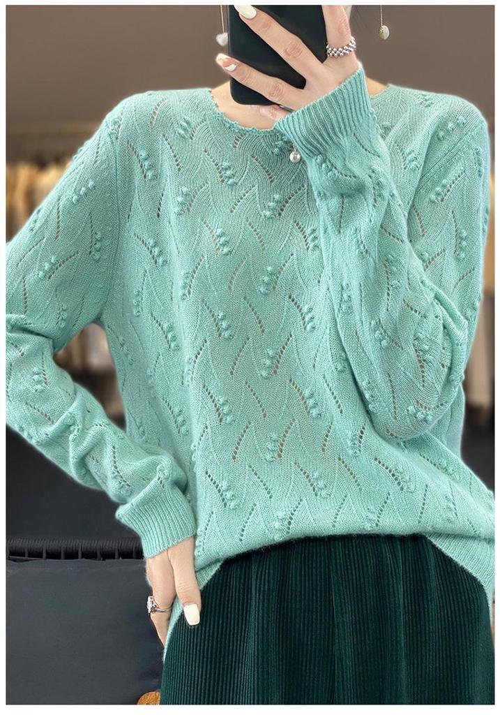 2023 Early Autumn Women's Round Neck Solid Loose Knit Hollow Wool Sweater Top