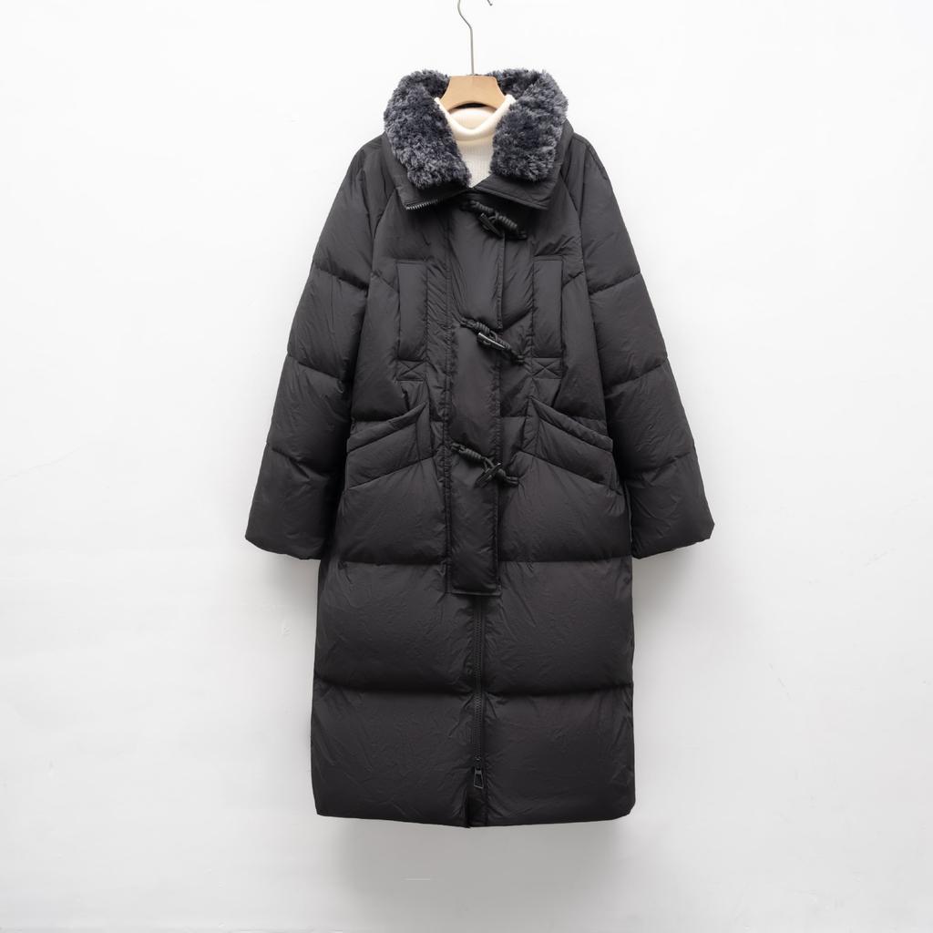 Long Down Jacket Women's New Winter Simple Fur Collar Thickened Loose Knee Jacket Tide
