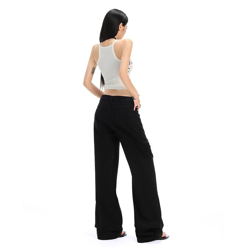 American ripped black jeans women's summer new thin high waist narrow version wide leg mopping pants niche