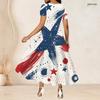 Women Plus Size Round Neck Short Sleeve Printed Gathered Waist A Line Long Dress Red Blue White
