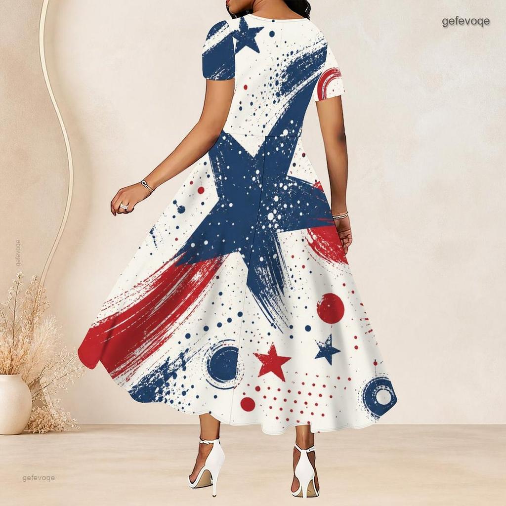 Women Plus Size Round Neck Short Sleeve Printed Gathered Waist A Line Long Dress Red Blue White