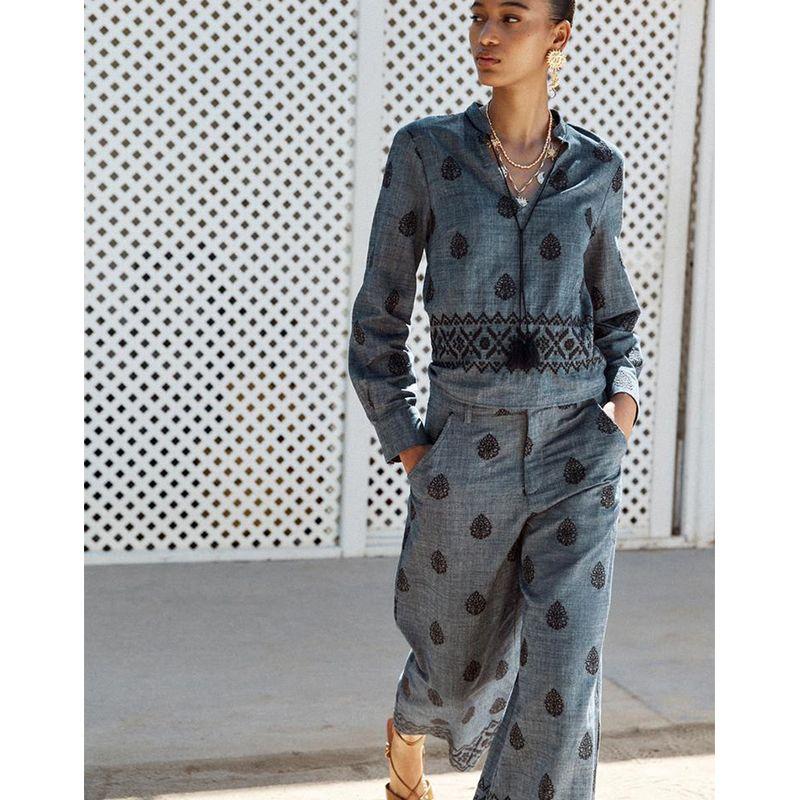 Cotton Spherical Embroidered round Neck Long sleeve Top 8351021 High Waist Wide Leg Casual Trousers 8351022