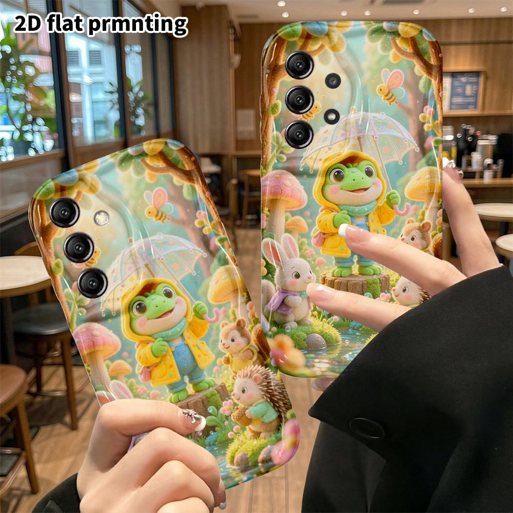 Phone case: 2D flat, suitable for Samsung Galaxy A34 A35 M05 M06 S20 S22 S21 FE Plus 5G protective case, little green frog in the forest rain, perfect