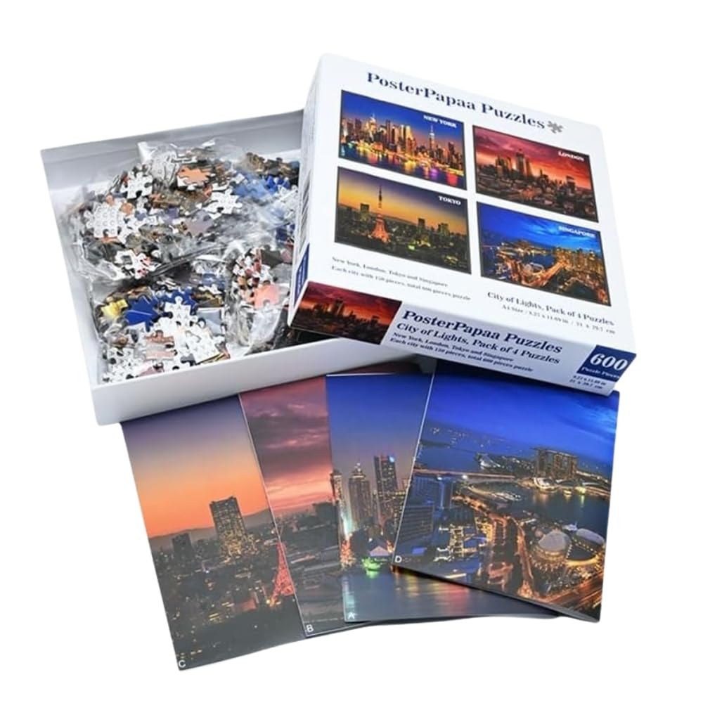 PosterPapaa City of Light Jigsaw Puzzle, Set of 4, 150 Pieces Each, 600 Pieces Total, A4 Size, 8.27" X 11.69", Colorful, Family-Friendly, Bold Puzzle