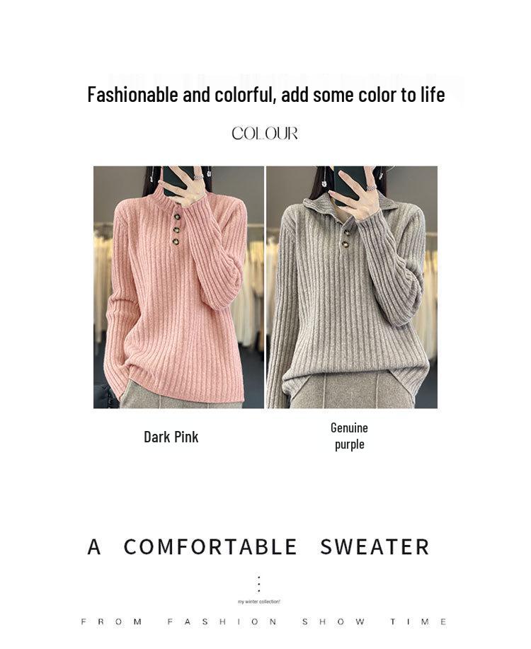 Women's Striped High Neck Wool Sweater - Half-Button, Slimming Fit, Autumn/Winter Knit Pullover