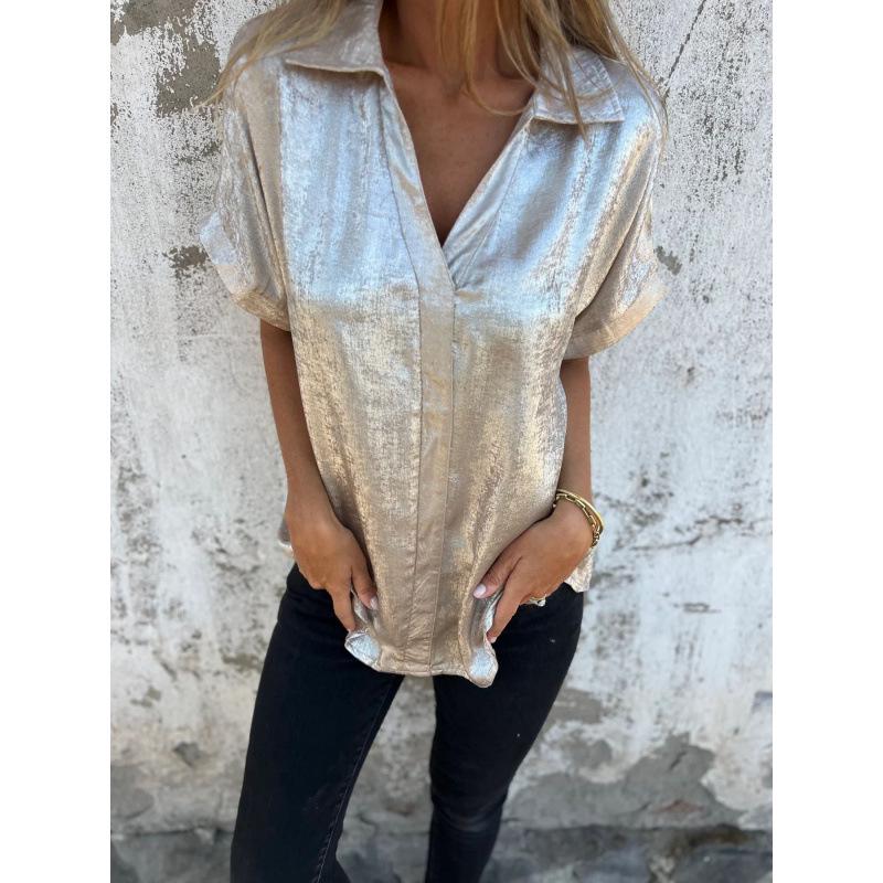2026 European Summer Casual Loose Lapel Shirt for Women - Hot Stamping Short Sleeve Design