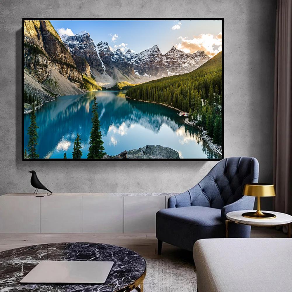 Landschap Canvas Schilderij, Meer Bos Berglandschap Schilderij Muurkunst Decor Posters Voor Woonkamer Slaapkamer Prints Afbeelding