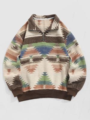 Sweat-shirt en laine à imprimé ethnique aztèque décontracté vintage à col montant et fermeture éclair quart de tour pour hommes