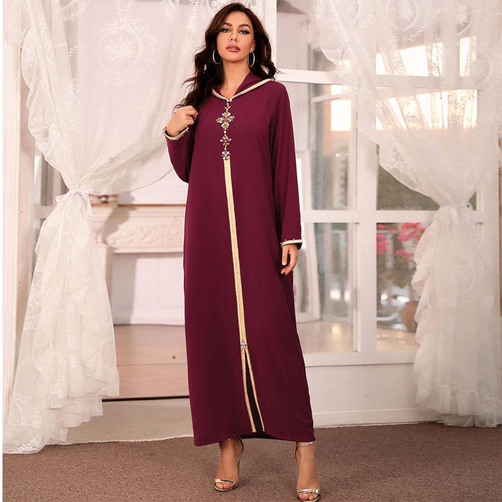 Women Muslim Fashion Loose Dress Ramadan Eid Abaya Dubai Turkey Islam Hand Stitch Drill Cowl-Neck Pullover Clothing