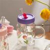Bubble Texture Glass Cup with Flower Rabbit Print Lid Straw Included For Home Milk Dessert Coffee Daily Use