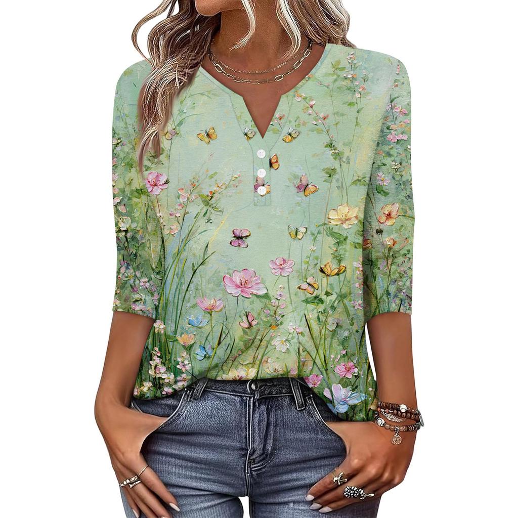 Women's Fashionable Casual Retro Floral Print V-Neck Button-Down Three-Quarter Sleeve T-Shirt Top