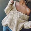 Damtoppar V-ringning Långärmad Enfärgade Stickade Toppar Mjuka Stretchiga Löstsittande Tröja Vår Höst Casual Toppar