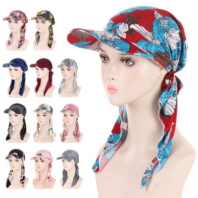 2025 Print Pre-Tied Hat Women Muslim Long Tail Headscarf Hijab Turban Visor Chemo Cap Bonnet Hair Loss Head Wrap Turbante Mujer