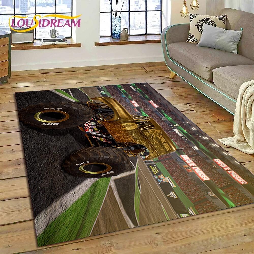 Monster Truck Monster Jam Cartoon Teppich für Wohnzimmer Schlafzimmer Heimdekoration, rutschfeste Bodendekoration für Sofa Fußmatte